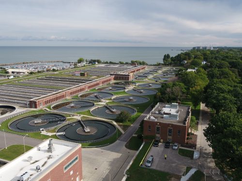Aerial view of NEORSD's Easterly Wastewater Treatment Plant on Lake Erie